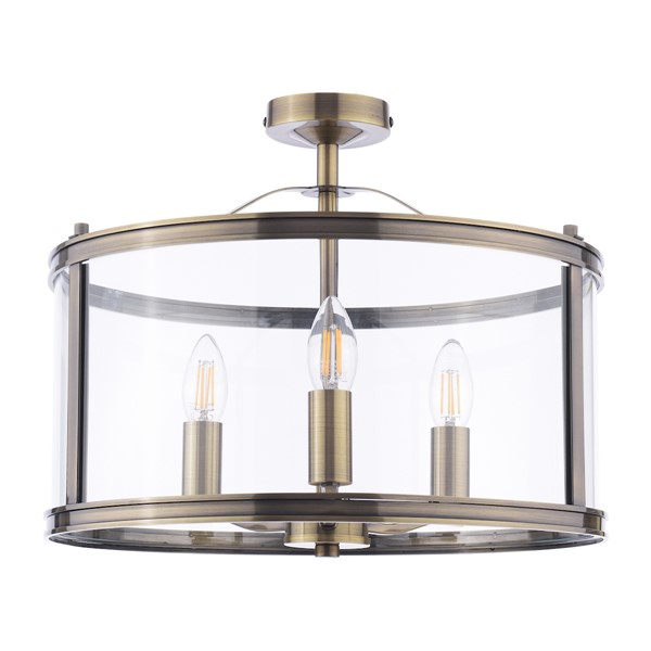 (image for) Laura Ashley Harrington 3 Light Semi-Flush Antique Brass and Glass